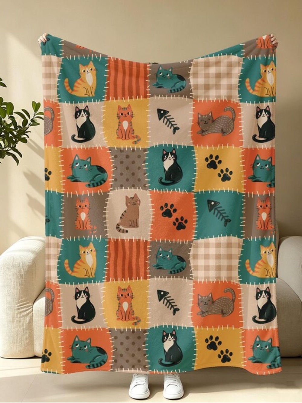 Multicolor Cat Patchwork Throw Blanket - Cozy Home Accent